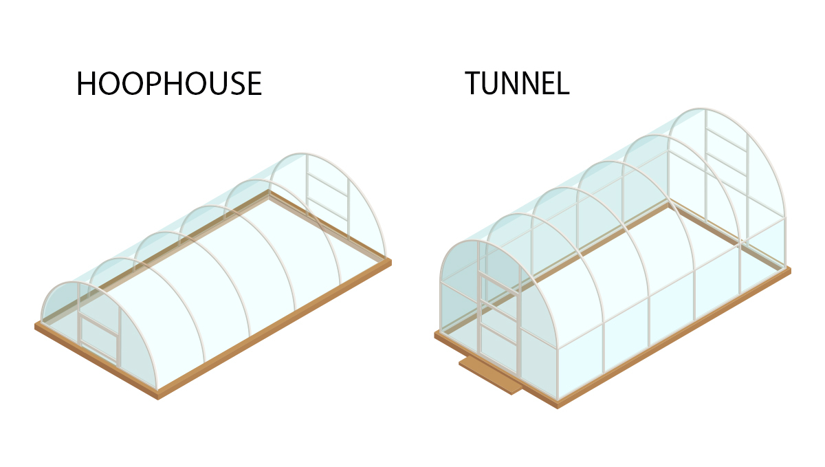 Ein Ringlokschuppen und ein Tunnelgewächshaus für den Anbau von Pflanzen.