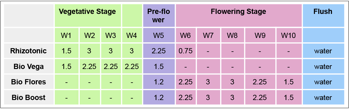 Canna feeding chart: autoflowers