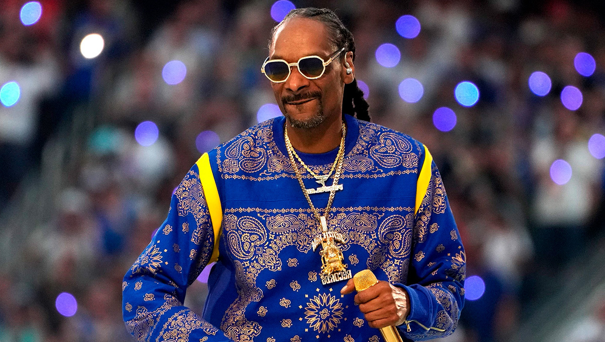 Snoop Dogg Caught Smoking Weed Before His Super Bowl Performance: The rapper onstage dressed in a blue sweatshirt and holding a golden mike