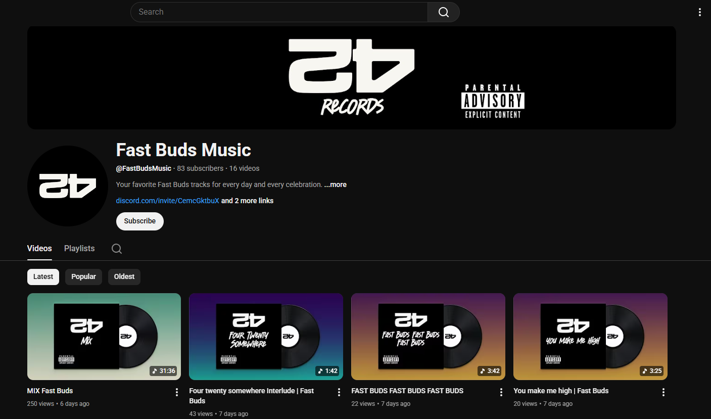 Fast Buds YouTube kanalını tanıtan, müzik güncellemeleri içeren bir görsel.