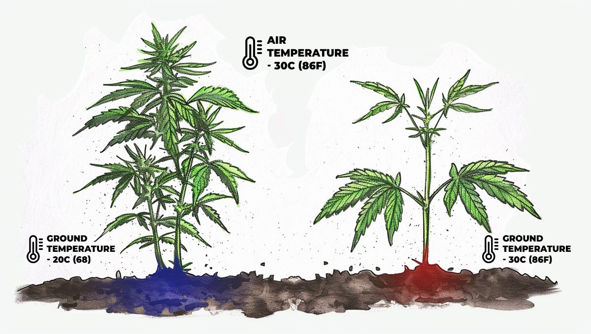 The Best Temperature To Grow Plants: A side-by-side drawing of two plants, one overheated from above and below and looking bad, the other one looking healthy because the ground is cooler
