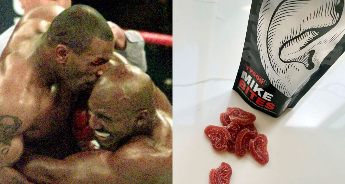 Mike Bites: Tysons Edibles mit einem ‚Kannibalistischen‘ Geschmack: Standbild des Kampfes, in dem Mike Tyson seinem Gegner ins Ohr biss, und ein Shot von Edibles, die wie Ohren geformt sind