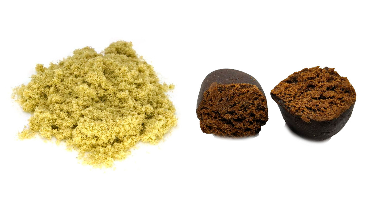 Types of Сannabis - The Different Kinds Of Weed: A small heap of light yellow kief and a piece of brown hash broken in half
