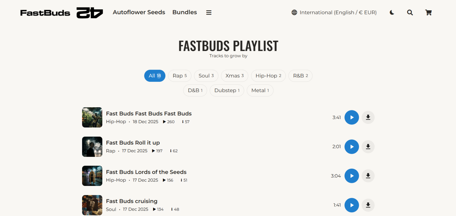 Sitedeki Fast Buds Müzik bölümü, entegre bir oynatıcıyla ekran görüntüsü.
