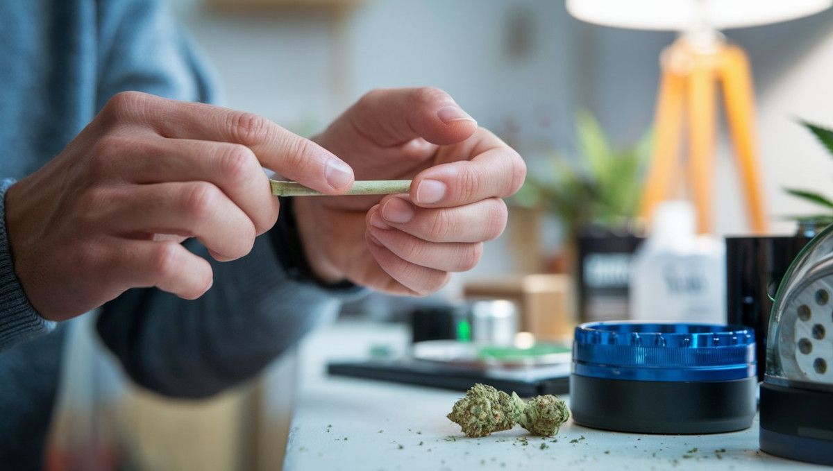 Close-up of hands rolling a joint with plants, illustrating the process of preparing plants for smoking.