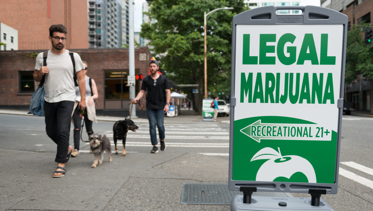 People walking their dogs and looking at a legal-plants sign