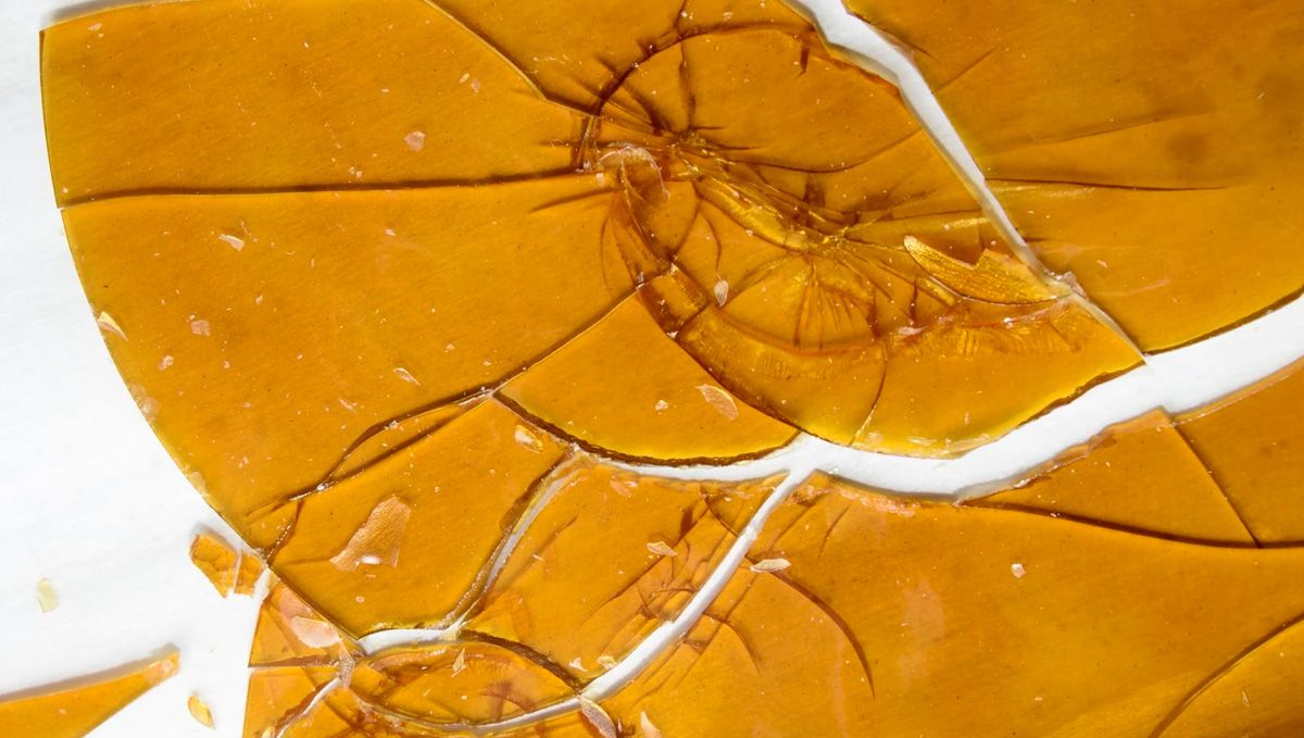 Cannabis Shatter: Mikä Se On, Miten Tehdä Ja Polttaa THC & CBD Hash Oilia: Shatter-levy valkoisella alustalla murtuneena useaan osaan Cannabis Shatter: Mikä Se On, Miten Tehdä Ja Polttaa THC & CBD Hash Oilia: Shatter-levy valkoisella alustalla murtuneena useaan osaan