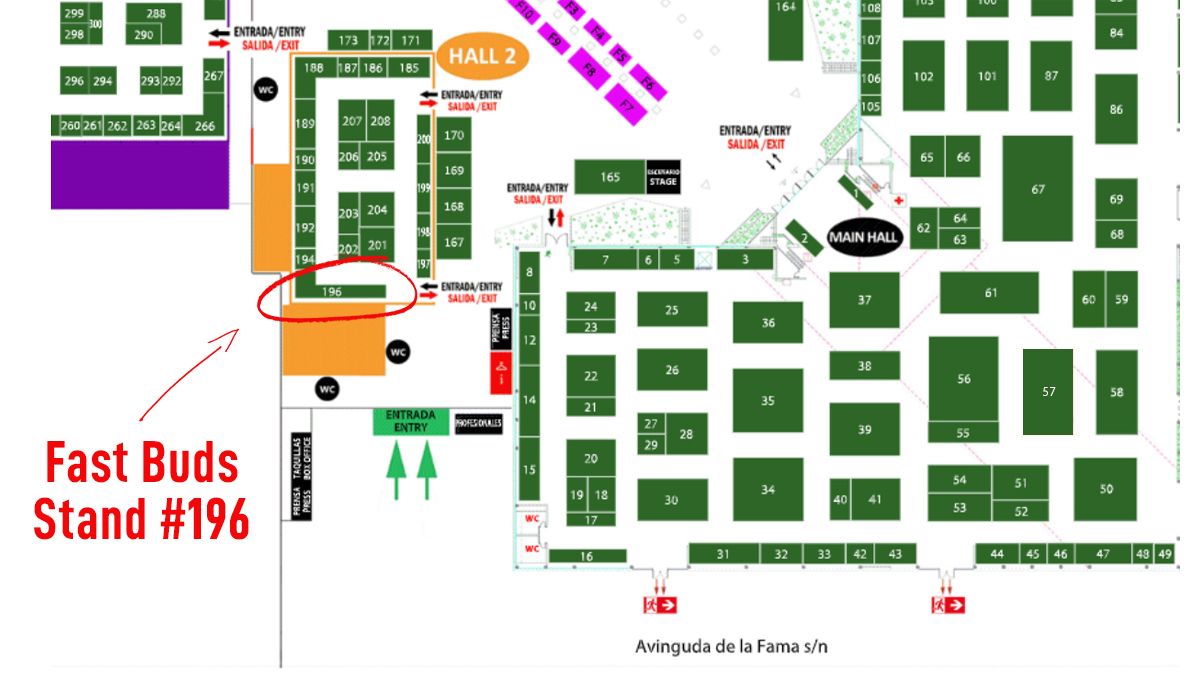 Standul de expoziție Fast Buds la Spannabis 2023, prezentând semințe de canabis autoflowering și oportunități de networking.