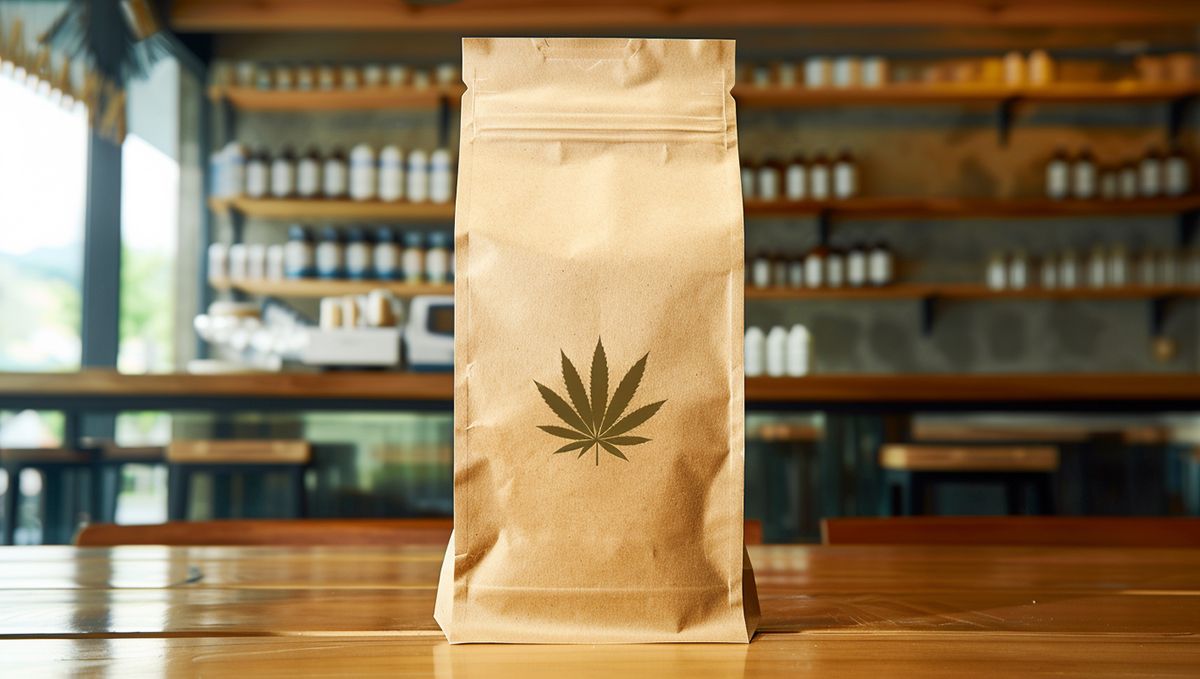North Dakota: Cannabis Legal Status Guide: A medical marijuana shopping bag on a counter of a dispensary