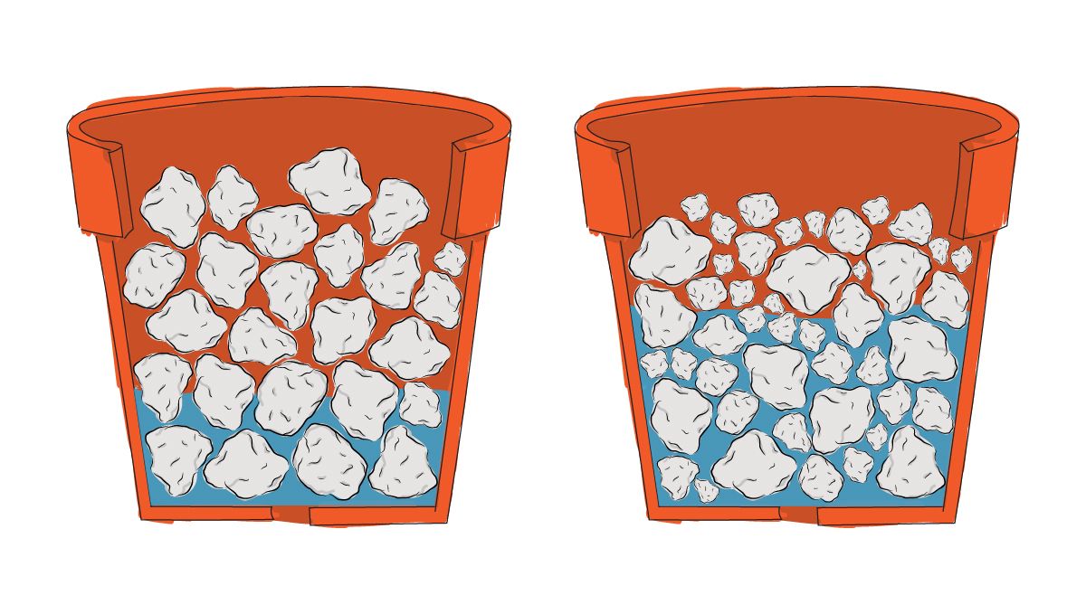 Drainage for Plants Plants: Why is it Important and How To Improve it - Drawing comparing water holding capabilities of a fine-grained medium and the same medium but with coarser grains mixed in