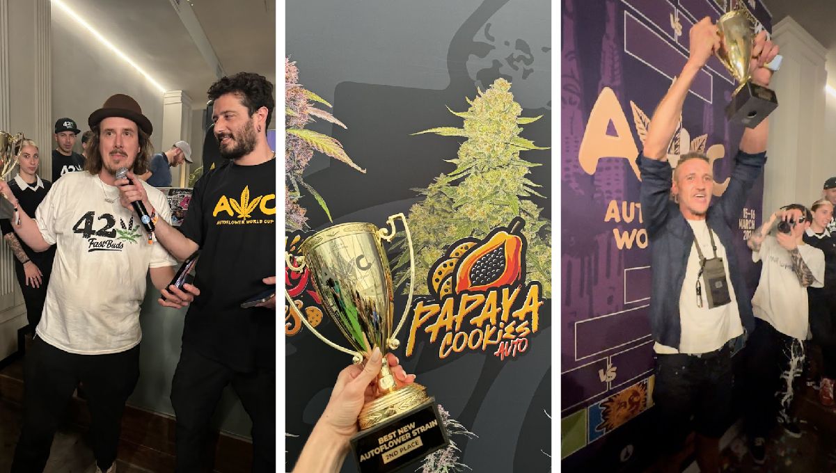 ทีม Fast Buds ฉลองที่พิธีมอบรางวัล Autoflower World Cup 2024 พร้อมถ้วยรางวัล