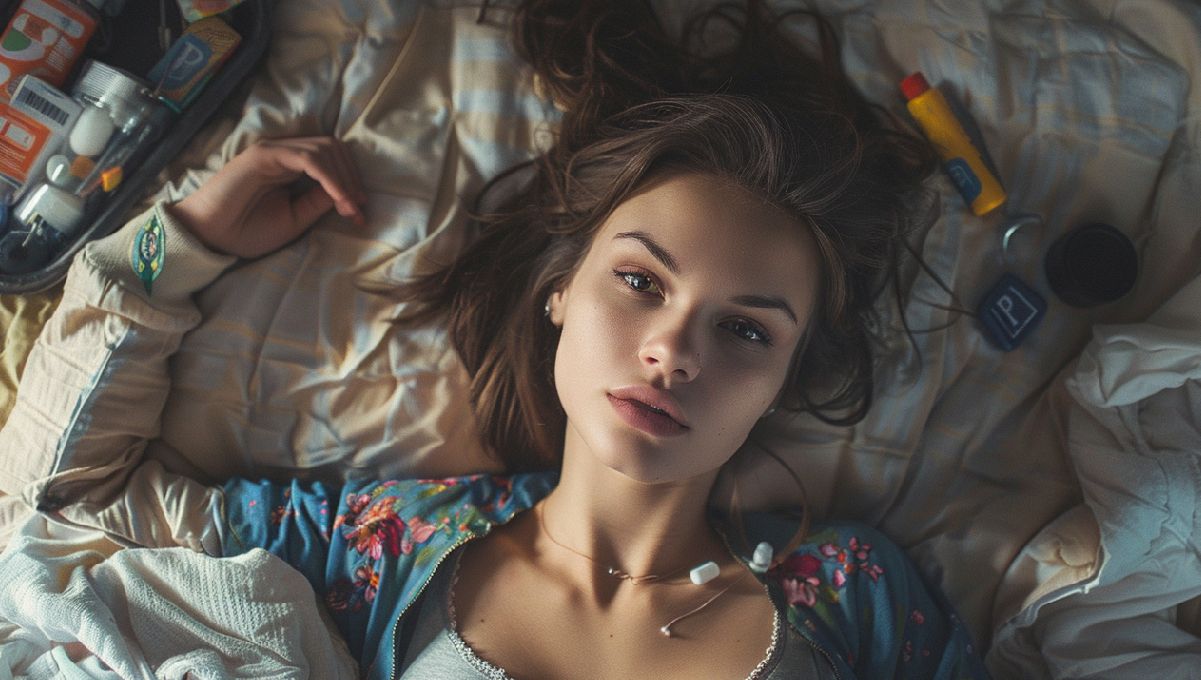 Frauen und Plants: Ein umfassender Leitfaden zu Plants und Frauengesundheit: Eine junge Frau liegt auf einem Bett und schaut in die Kamera, daneben Plants-Utensilien