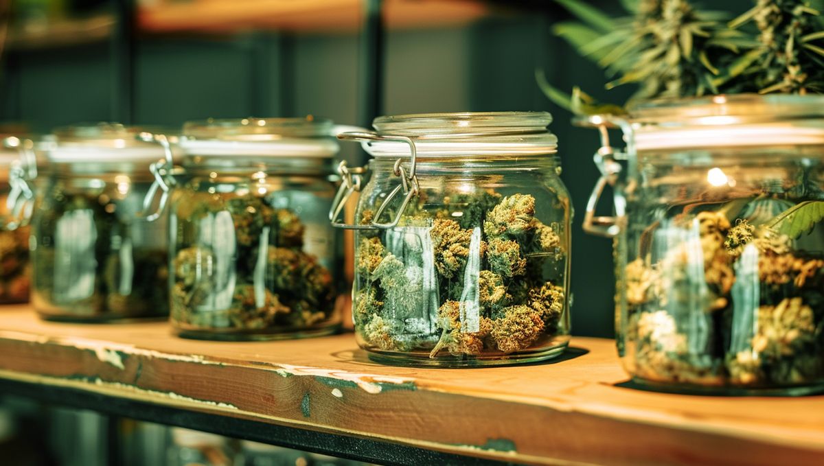 North Dakota: Cannabis Legal Status Guide: Jars with cannabis on a shelf