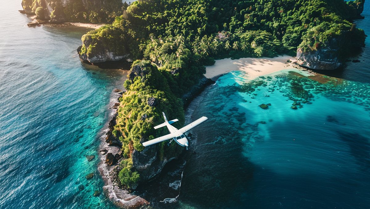 Weed in the Bahamas: Cannabis Legal Status Guide: A small plane flying over a tropical paradise