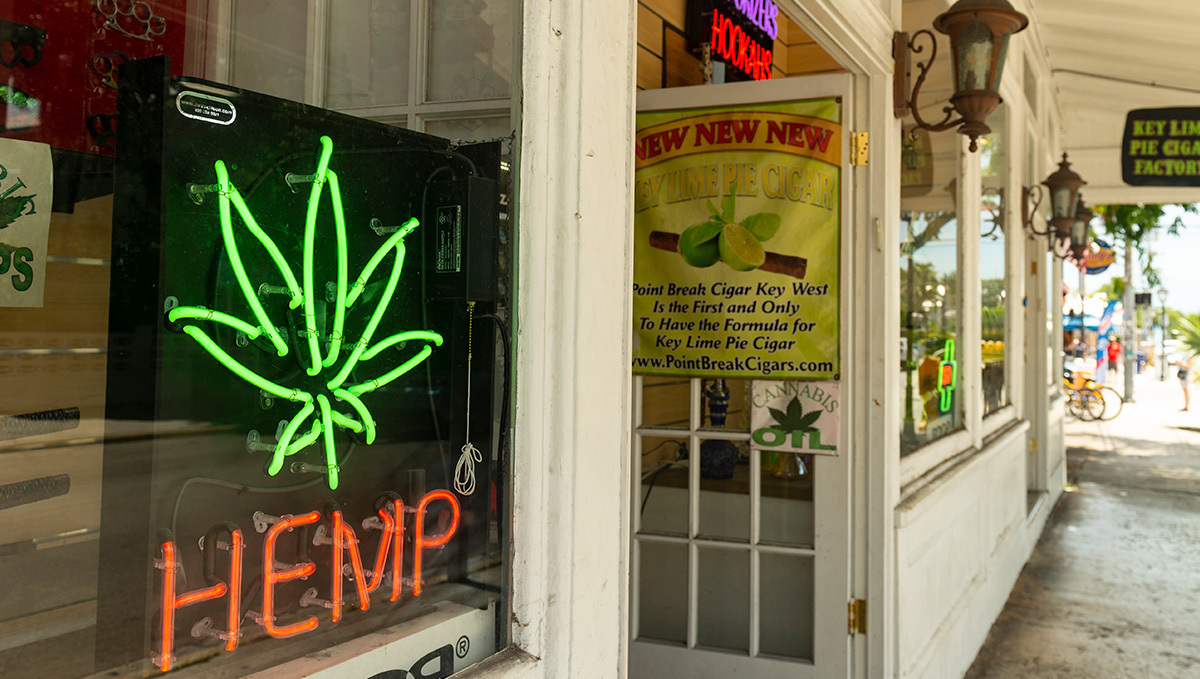 Switzerland Will Allow Recreational Plants Sales as a Pilot Program: The front of a tobacco shop with a plants leaf sign and the word 'hemp' in the window
