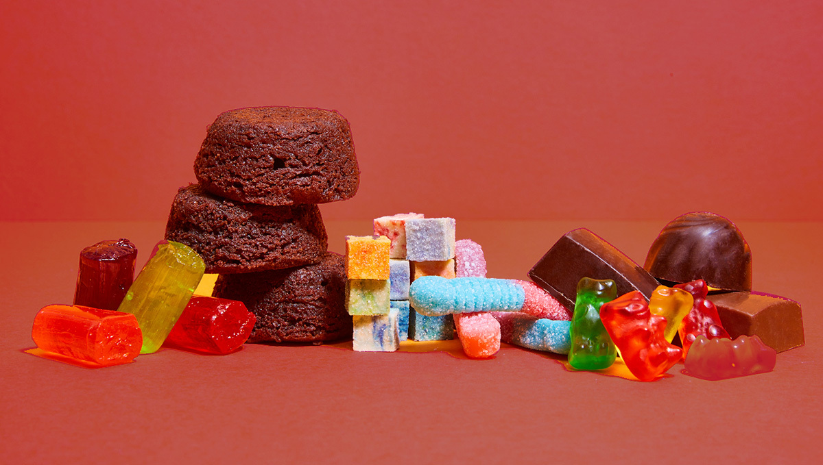 Types of Сannabis - The Different Kinds Of Weed: An assortment of edibles - hash brownies, gummy bears, chocolates, and candies